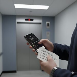 엘리베이터 앞 전환 순간의 손과 일정 메모