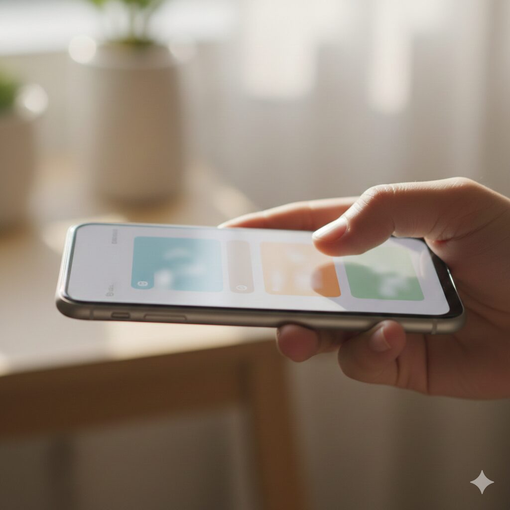 여러 종류의 알림이 한 화면에 섞여 떠 있고 손이 멈춘 스마트폰 잠금 화면