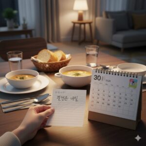 즉시 보상 뒤에 결정을 내일로 접어두는 저녁 식탁의 달력과 메모지