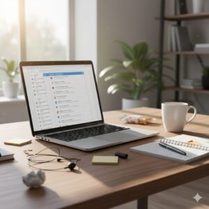 아침 책상 위에 알림이 많은 노트북과 닫힌 노트, 빈 머그컵이 놓인 장면