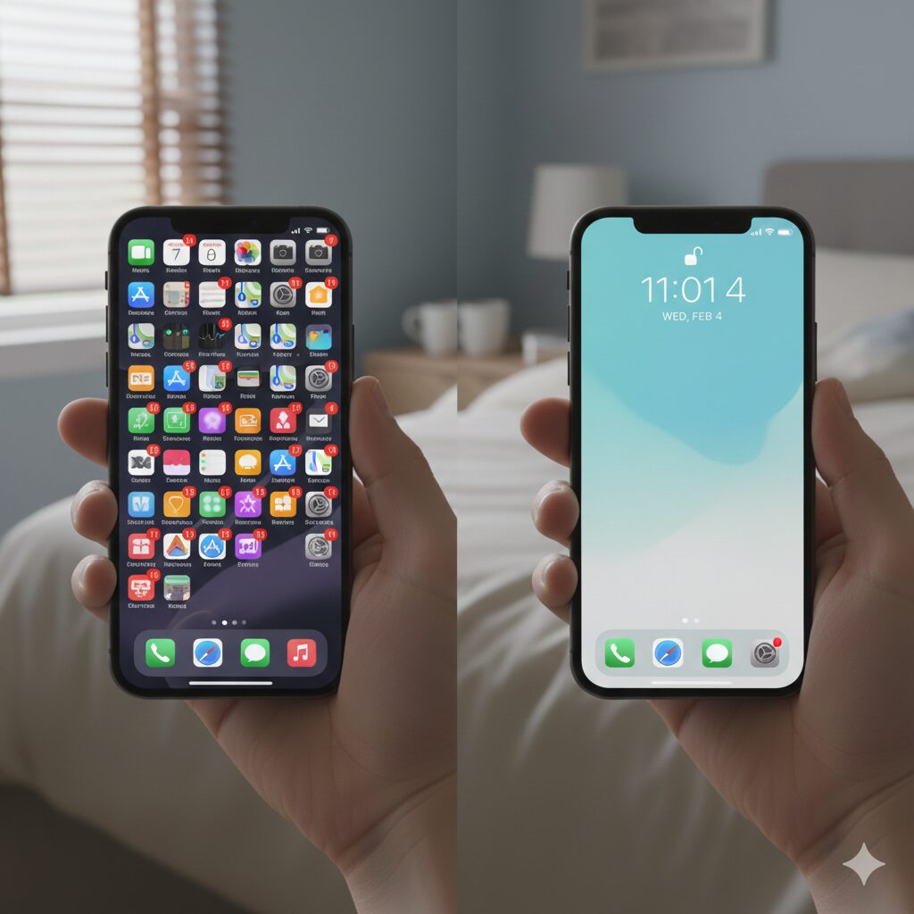 홈 화면에 폴더가 과하게 많아져 찾느라 시간이 걸리는 모습(상단은 어지럽고 하단은 비교적 단순)