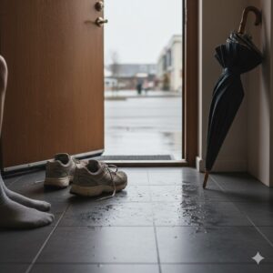 비 오는 날 현관에 놓인 젖은 우산과 풀린 운동화 끈