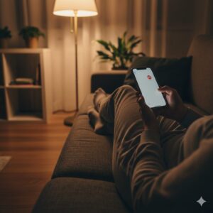 생각과 선택의 반복 구조: 퇴근 후 소파에서 알림이 쌓인 휴대폰을 바라보는 손과 무릎