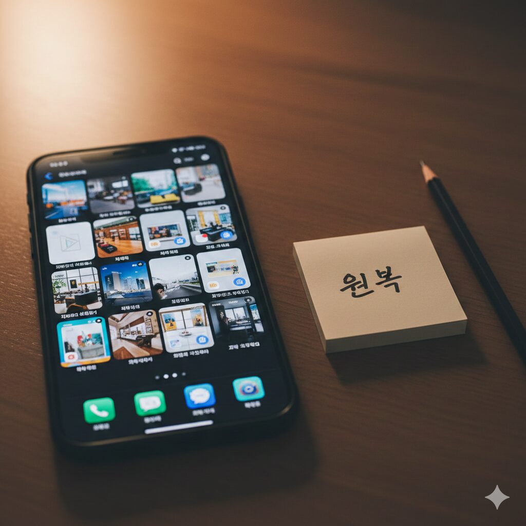 정리 전 홈 화면을 캡처해 둔 이미지가 앨범에 저장되어 있고, 옆에 ‘원복’ 메모가 있는 장면