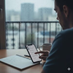 비 오는 아침 책상에서 스마트폰 알림 앞에 멈춘 손, 결정을 미루는 순간