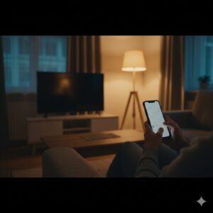 소파에서 휴대폰을 스크롤하며 운동을 미루는 조용한 밤