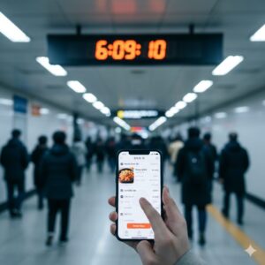 아침 출근길 환승 통로에서 전광판 시간 숫자가 바뀌는 순간, 스마트폰 화면의 동일한 옵션을 누르는 손가락과 짧은 진동 알림, 비슷한 선택 반복이 시작되는 장면