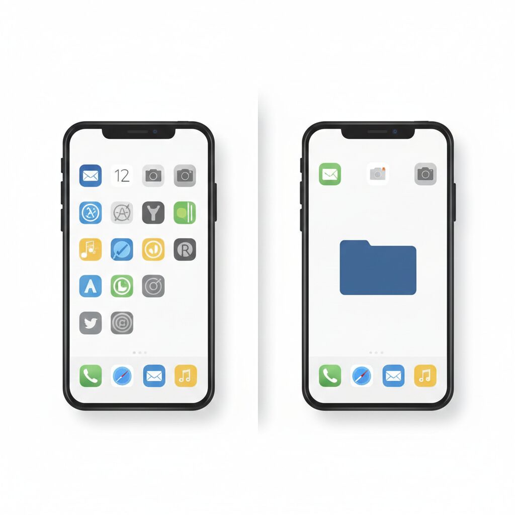 복잡한 홈 화면과 단순해진 홈 화면을 나란히 비교한 장면(앱 몇 개가 ‘유예’ 폴더로 이동된 상태)