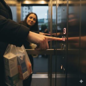 즉시 보상을 느끼는 엘리베이터 닫힘 버튼을 누르는 손가락 클로즈업