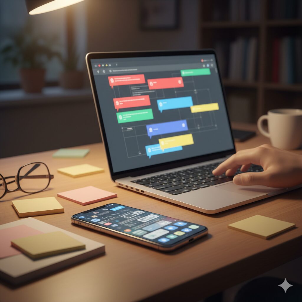 결정 피로로 작은 선택이 무거워지는 날의 스마트폰 알림과 메모가 쌓인 장면