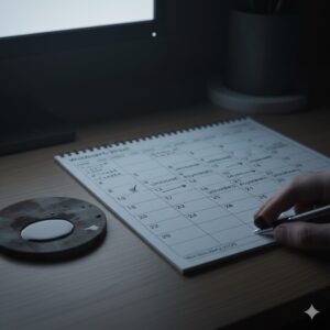 밤 늦은 책상 위 달력에 미완료 표시가 쌓이는 장면, 지연이 누적되는 느낌