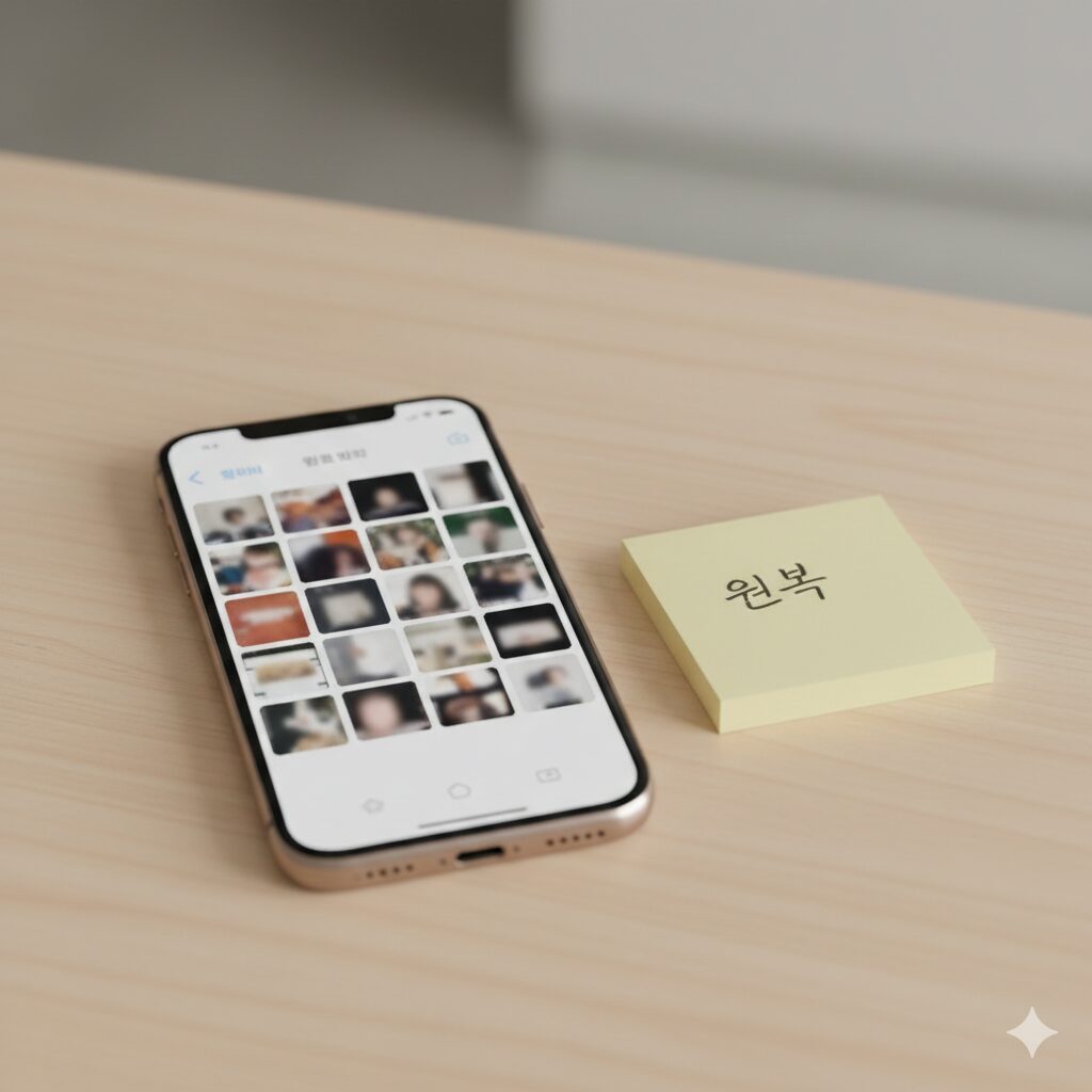 스마트폰 사진첩에 정리 전 화면 캡처가 저장되어 있고 옆에 원복 메모가 있는 장면