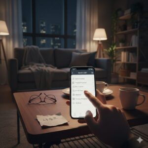 늦은 밤 스마트폰 할 일 목록과 ‘나중에’ 메모가 함께 놓인 장면