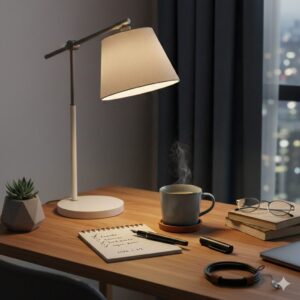 저녁 책상 위 짧은 기록과 체크 표시가 남은 노트