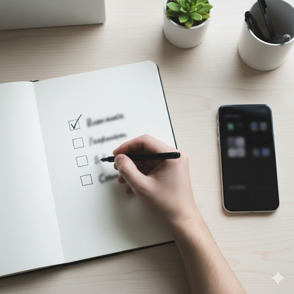 노트에 ‘알림/홈 화면/앱’ 3칸 체크리스트를 적고 있는 손과 옆의 스마트폰