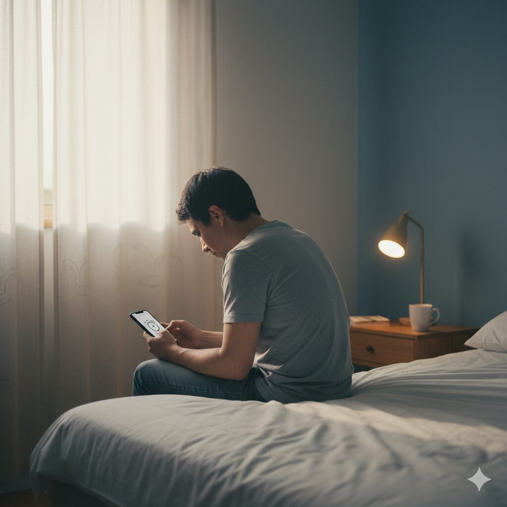 피곤한 아침, 침대 가장자리에 앉아 멍하니 앉아 있는 사람과 울리는 알람