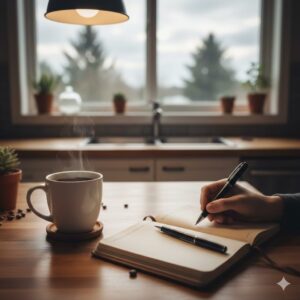 하루 중 자기 자신에게 솔직해지는 시간: 커피 옆 노트와 펜이 놓인 조용한 아침