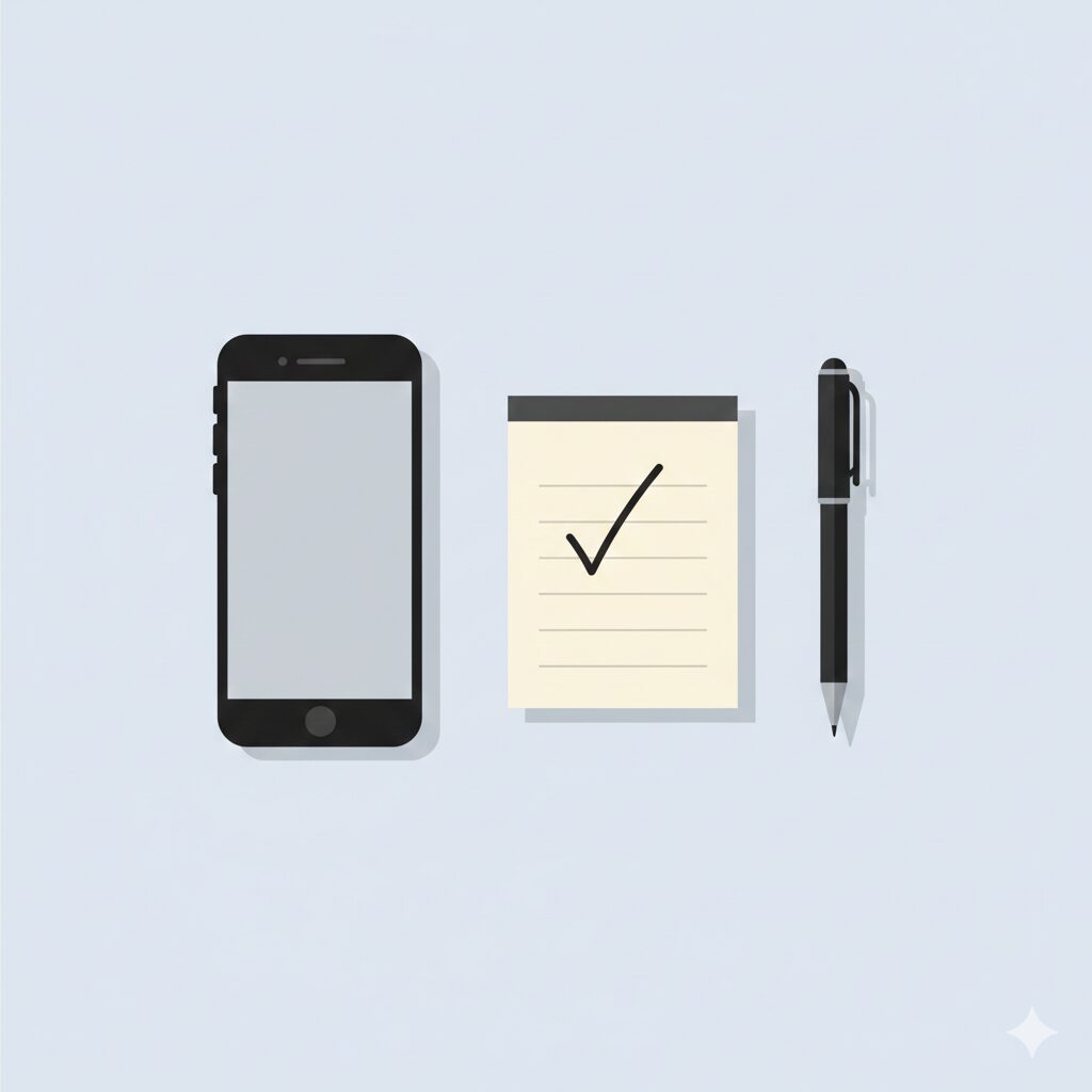 스마트폰 옆에 작은 체크리스트 메모가 놓여 있고, 펜으로 항목을 하나씩 체크하는 장면