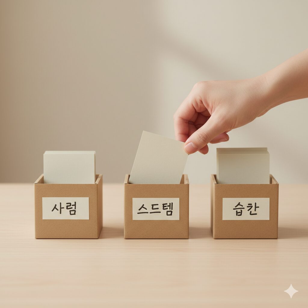 사람 시스템 습관 세 상자에 알림이 나뉘어 들어가는 모습