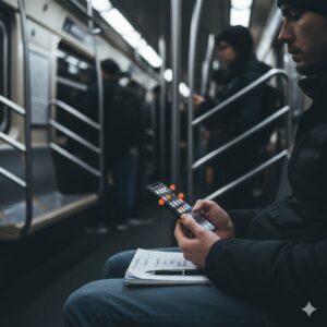 지하철에서 스마트폰과 메모 사이에서 망설이는 사람, 선택지가 많아지는 장면