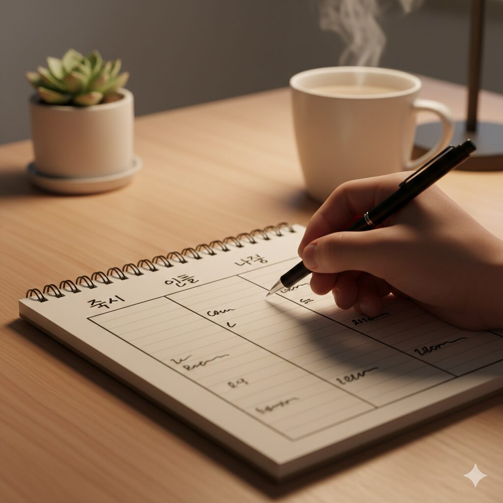 노트에 즉시 오늘 나중 세 칸을 그려 분류 기준을 적는 장면