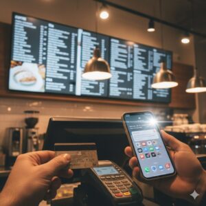 점심시간 카페 계산대 앞에서 메뉴판 글씨가 겹쳐 보이는 순간, 손에 쥔 카드가 살짝 구겨지고 화면 알림 배지 숫자가 진동과 함께 뜨는 장면, 인지 부하가 올라오는 선택의 압박