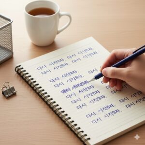 같은 문장이 반복해서 적힌 메모지와 지워진 흔적, 멈춘 펜 끝