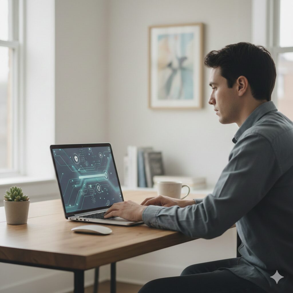 노트북 화면을 보며 계정 접속 기기를 확인하는 장면