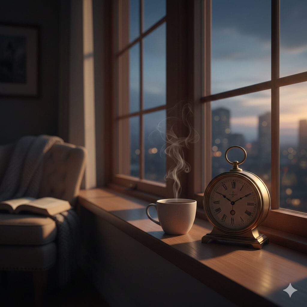 저녁 시간 커피잔과 시계