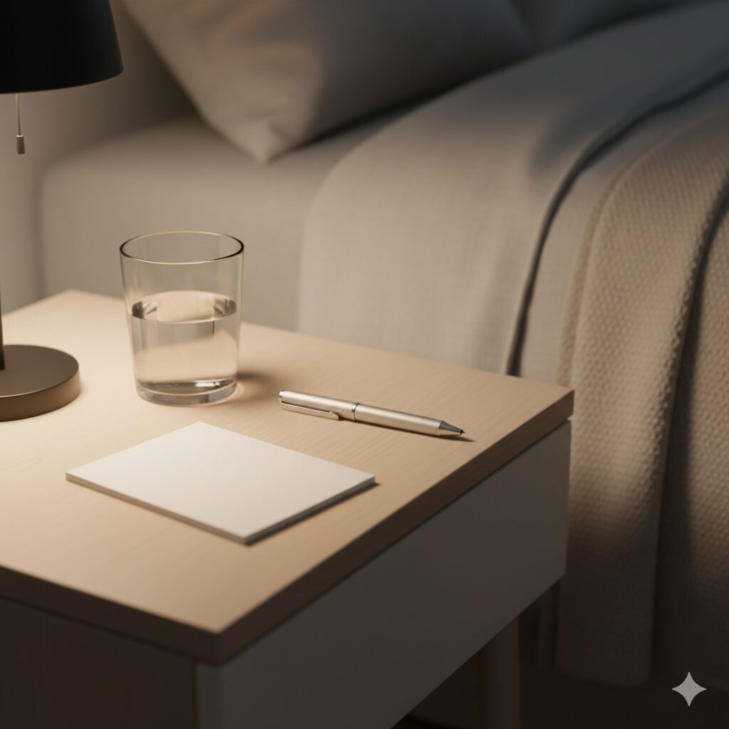 침대 옆 협탁과 물컵