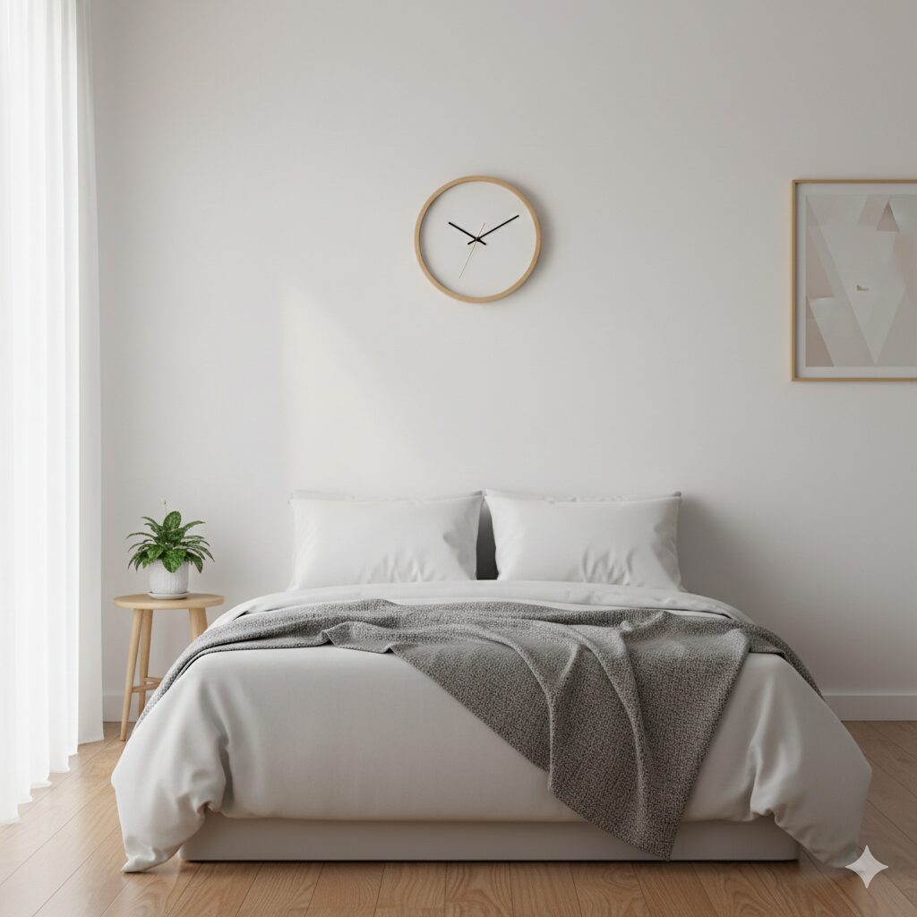 시계와 침대가 함께 보이는 수면 시간 이미지