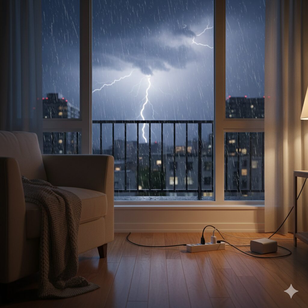 번개가 치는 밤 실내 바닥에 놓인 멀티탭