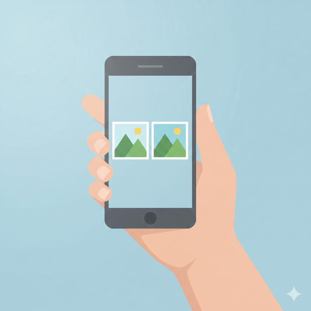 비슷한 사진이 겹쳐 보이는 스마트폰 화면 일러스트