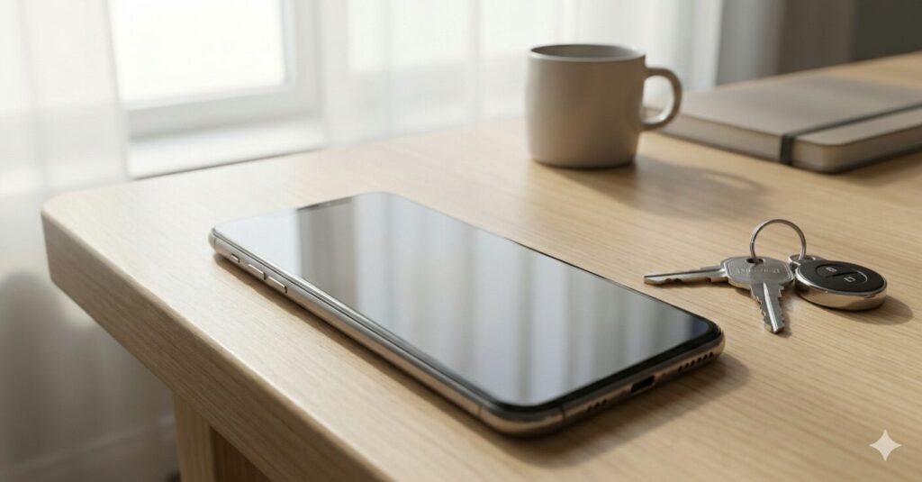 갤럭시 분실 대비를 떠올리게 하는 스마트폰과 열쇠 이미지