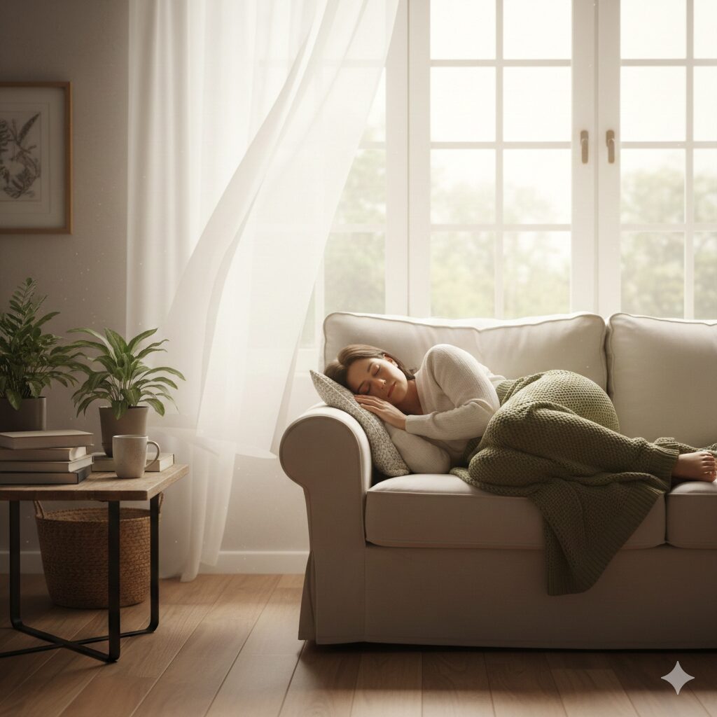 이른 오후에 짧은 낮잠을 자는 장면