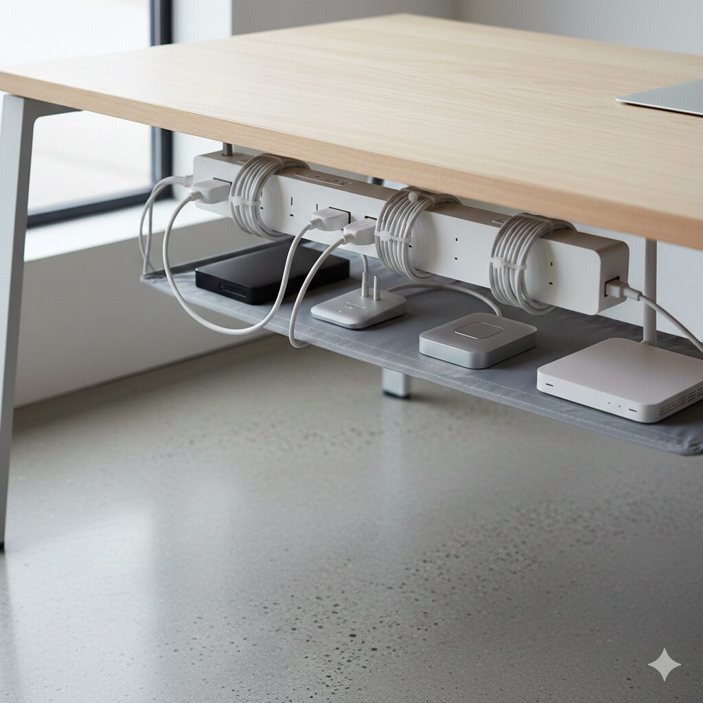 책상 아래 멀티탭과 플러그가 놓인 모습