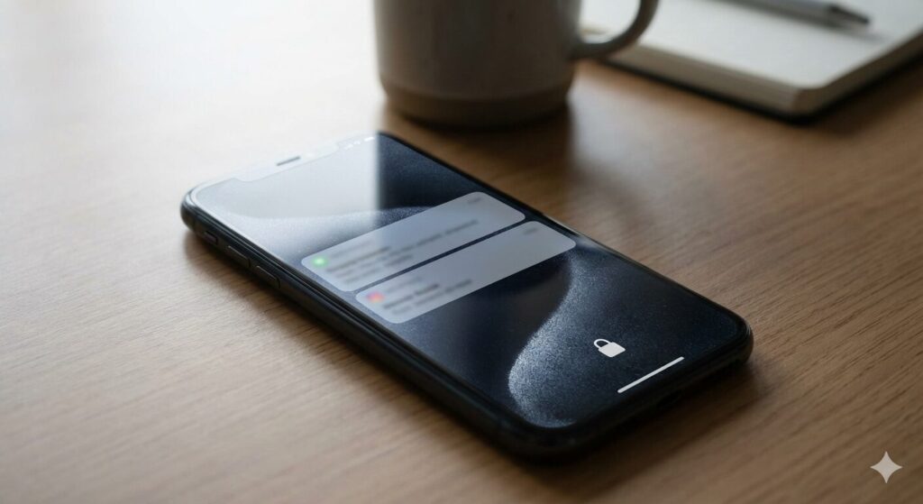 잠금화면에서 알림은 보이지만 내용은 가려진 스마트폰 이미지