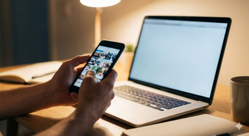 노트북과 스마트폰을 번갈아 보며 사진 백업 여부를 확인하는 장면