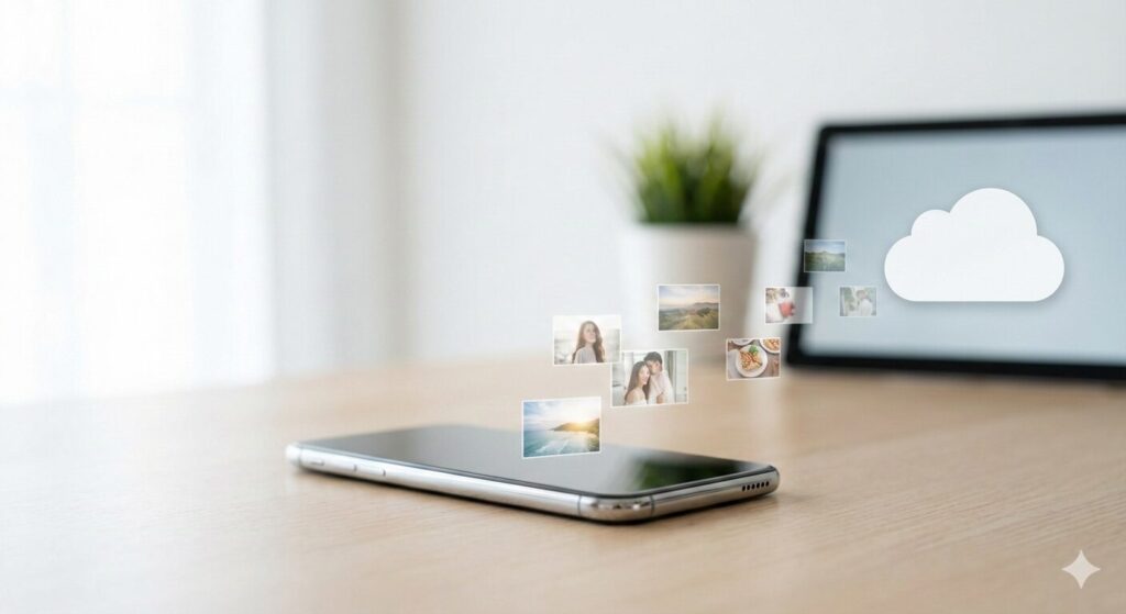스마트폰 사진이 클라우드로 업로드되는 장면을 상징적으로 보여주는 이미지