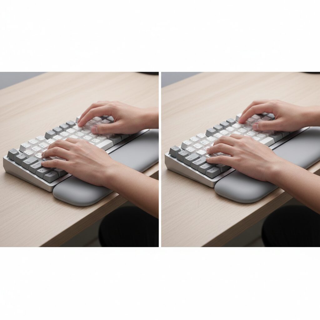 손목이 책상 모서리에 닿는 상황과 받침대를 둔 상황 비교