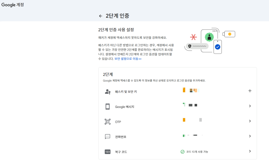 구글 2단계 인증 화면에서 백업 코드 메뉴 위치