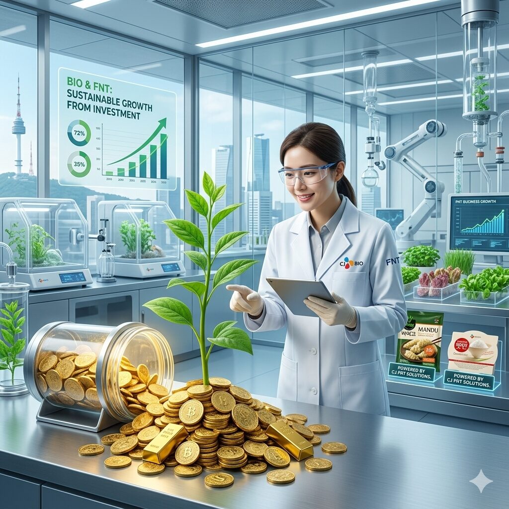 금화 위에서 자라나는 초록색 식물을 관찰하는 연구원 이미지